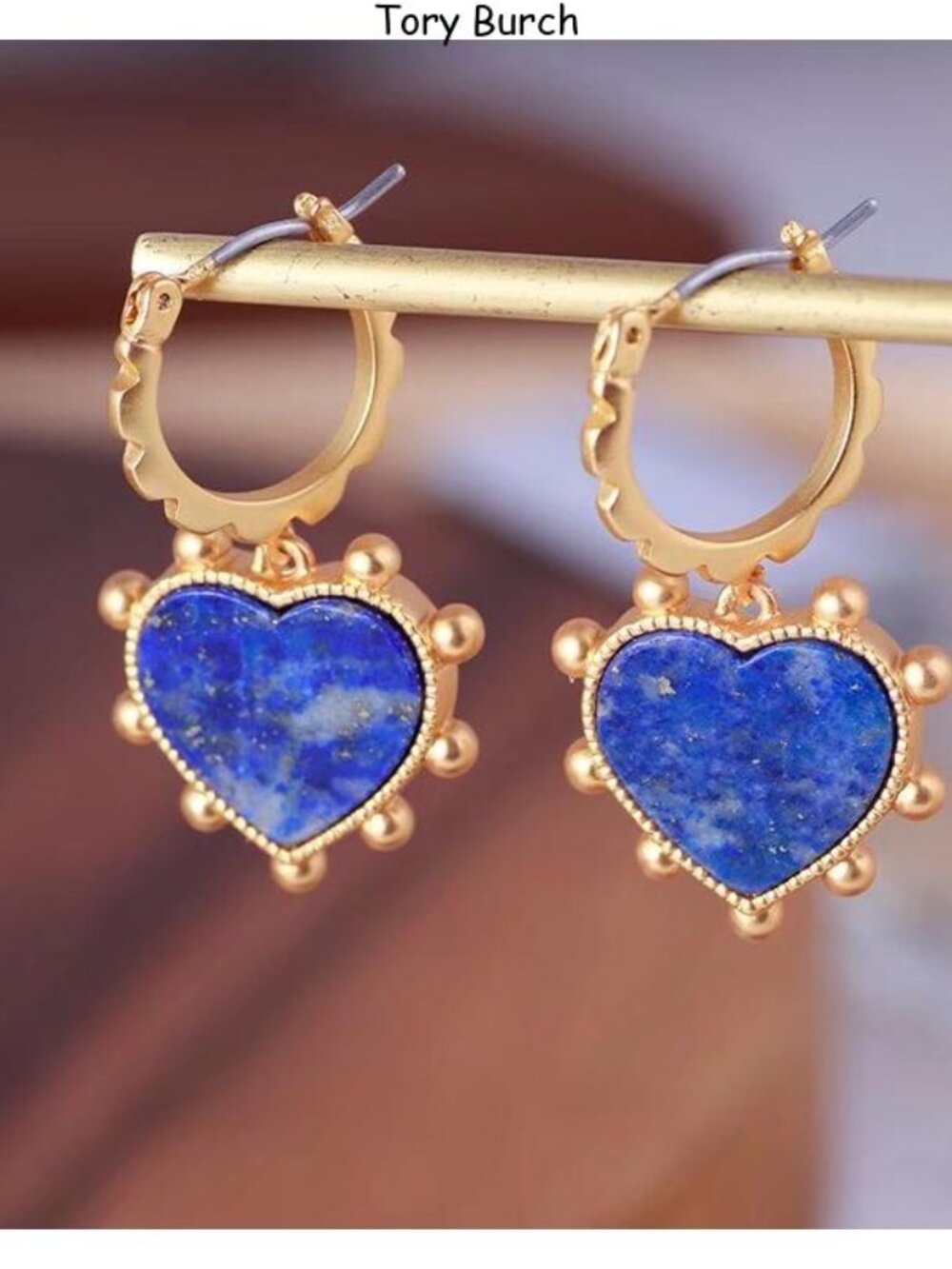 Tory Burch Gold Hoop Earrings with Lapis Blue Heart Drops